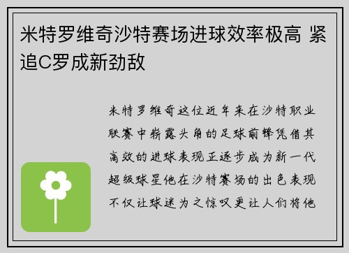米特罗维奇沙特赛场进球效率极高 紧追C罗成新劲敌 米特罗维奇沙特赛场进球效率极高 紧追C罗成新劲敌